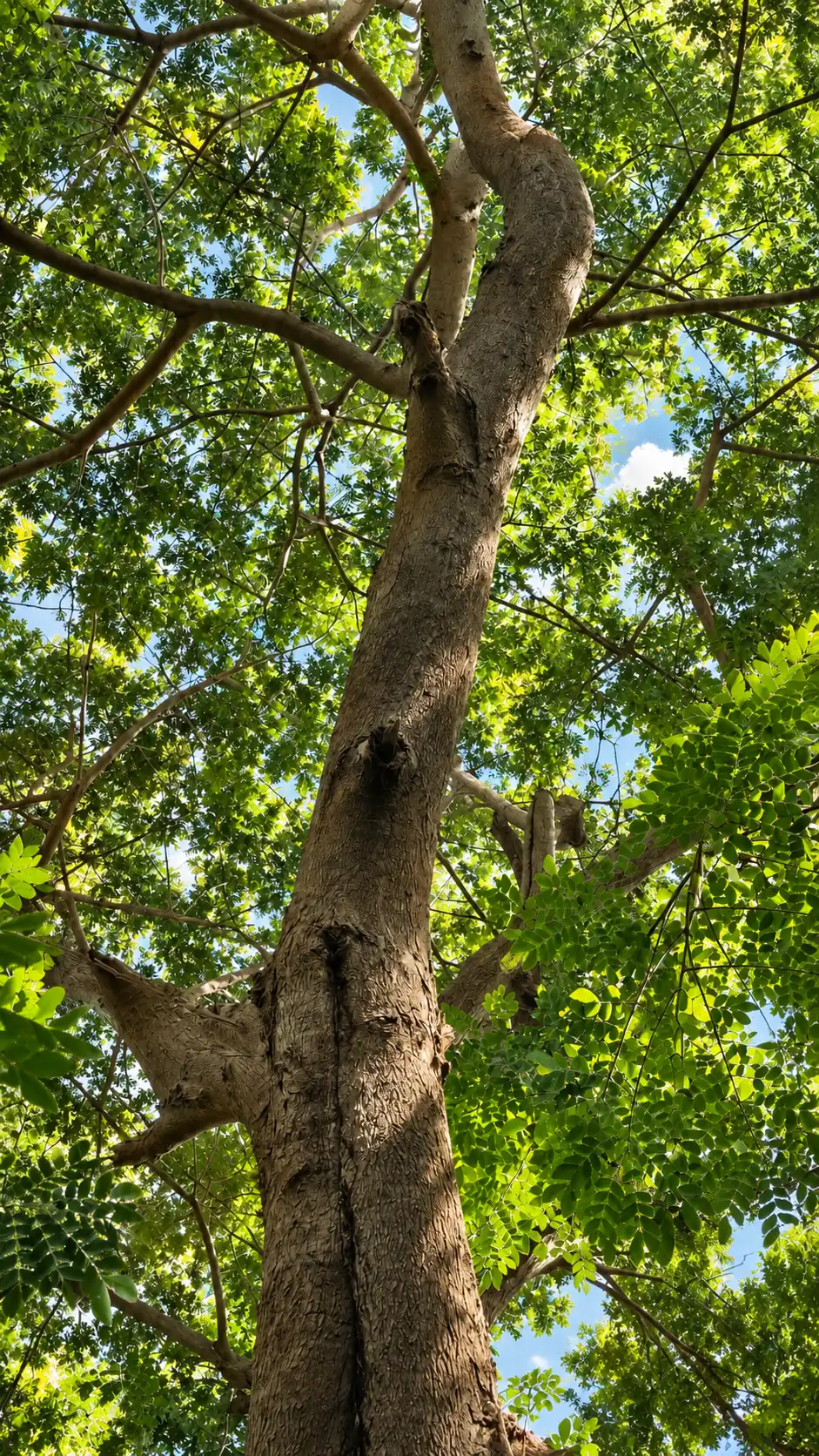 Tall tree seen from below with its crown against the sky