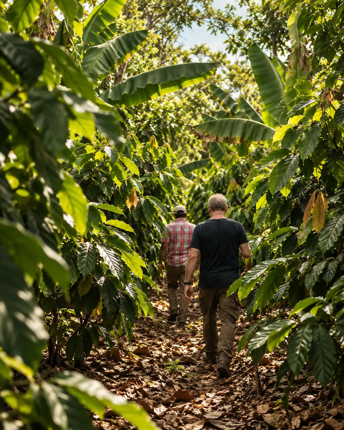 The Earth Surveillance team walking through a cacao forest.