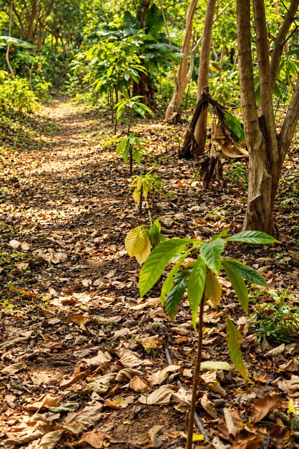 Young trees growing along a path in a shaded agroforestry plot